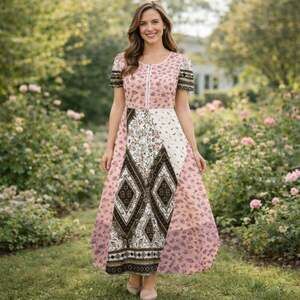 Piper & Scoot Mixed Print Patchwork Boho Midi Dress Short Sleeve Size L